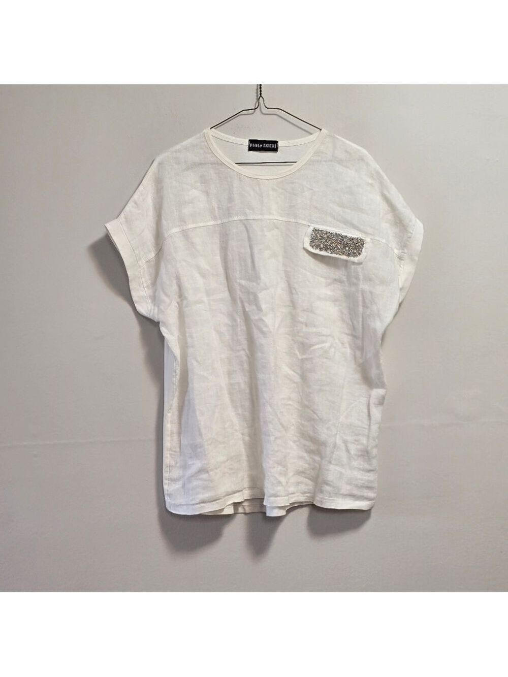 Paolo Tricot White Linen Top with Embellished Pocket S/M